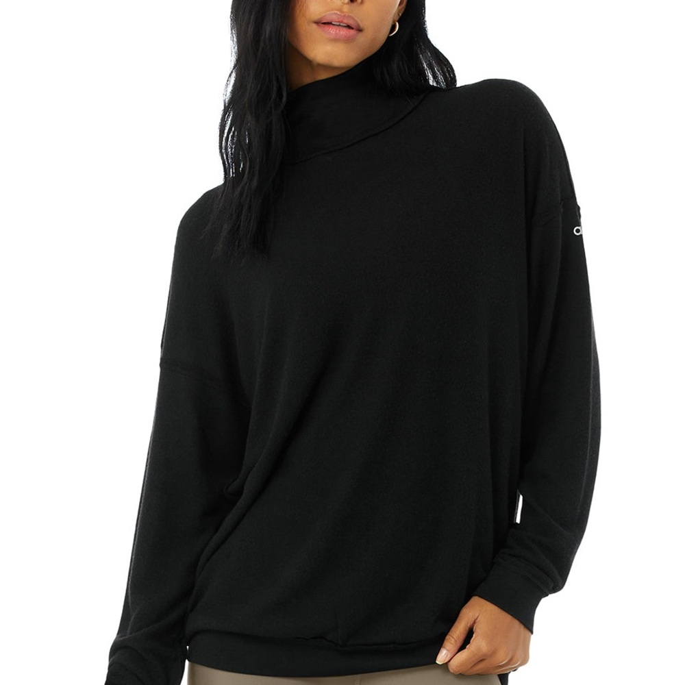 Alo Soho Mock Neck Pullover Long Sleeve Top - Black, Small
